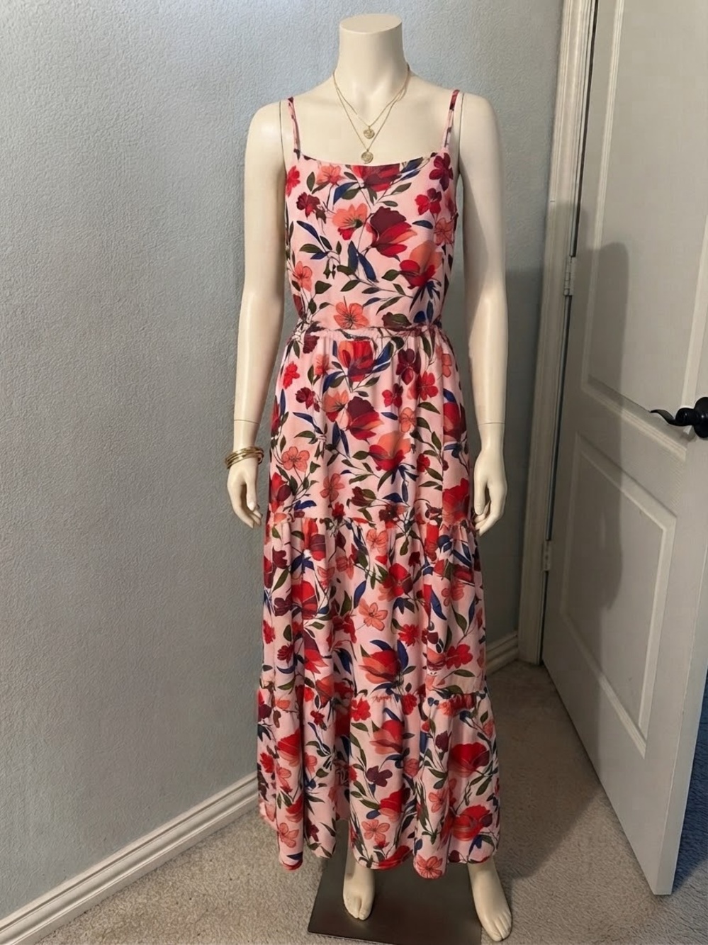 Pink Floral Tiered Maxi Dress with Spaghetti Straps smocked back Size M